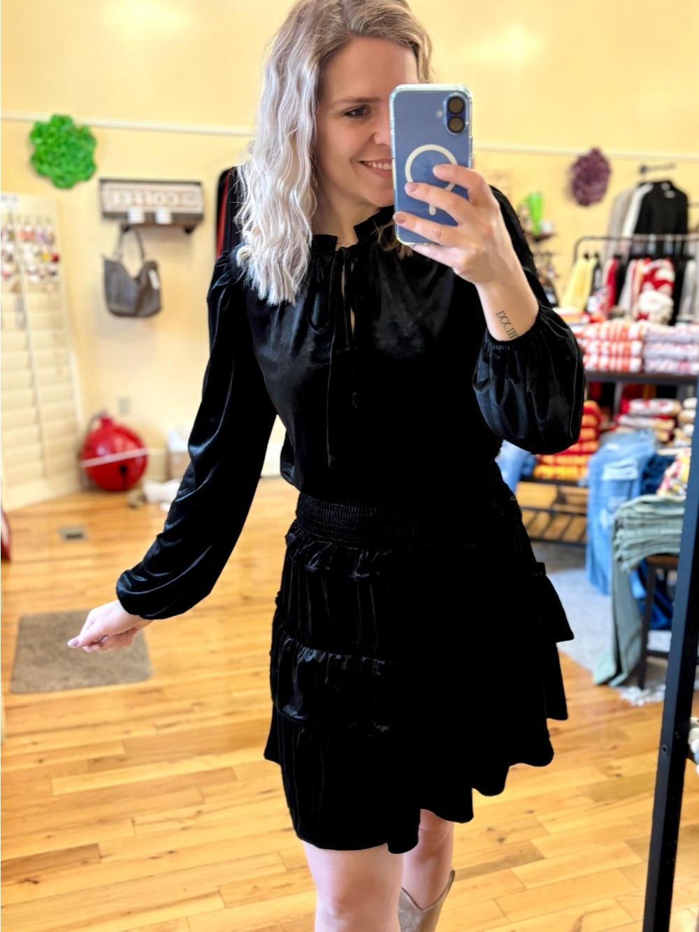 Black Velvet Long-Sleeve Tiered Dress